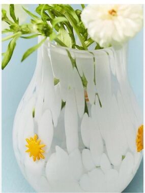 Anthropologie White Glass Vase with Yellow Daisy Accents